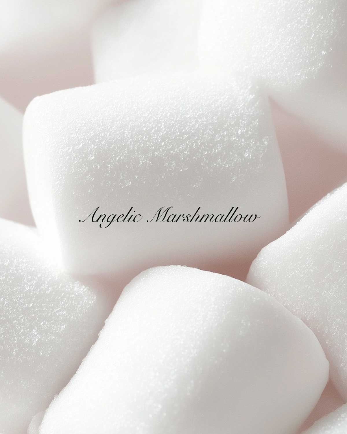 Close-up of white marshmallows with 'Angelic Marshmallow' text.