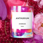 Overose Anthurium holographic iridescent scented candle features notes of Blackcurrant Berries, Rose Petals and Lychee Syrup.