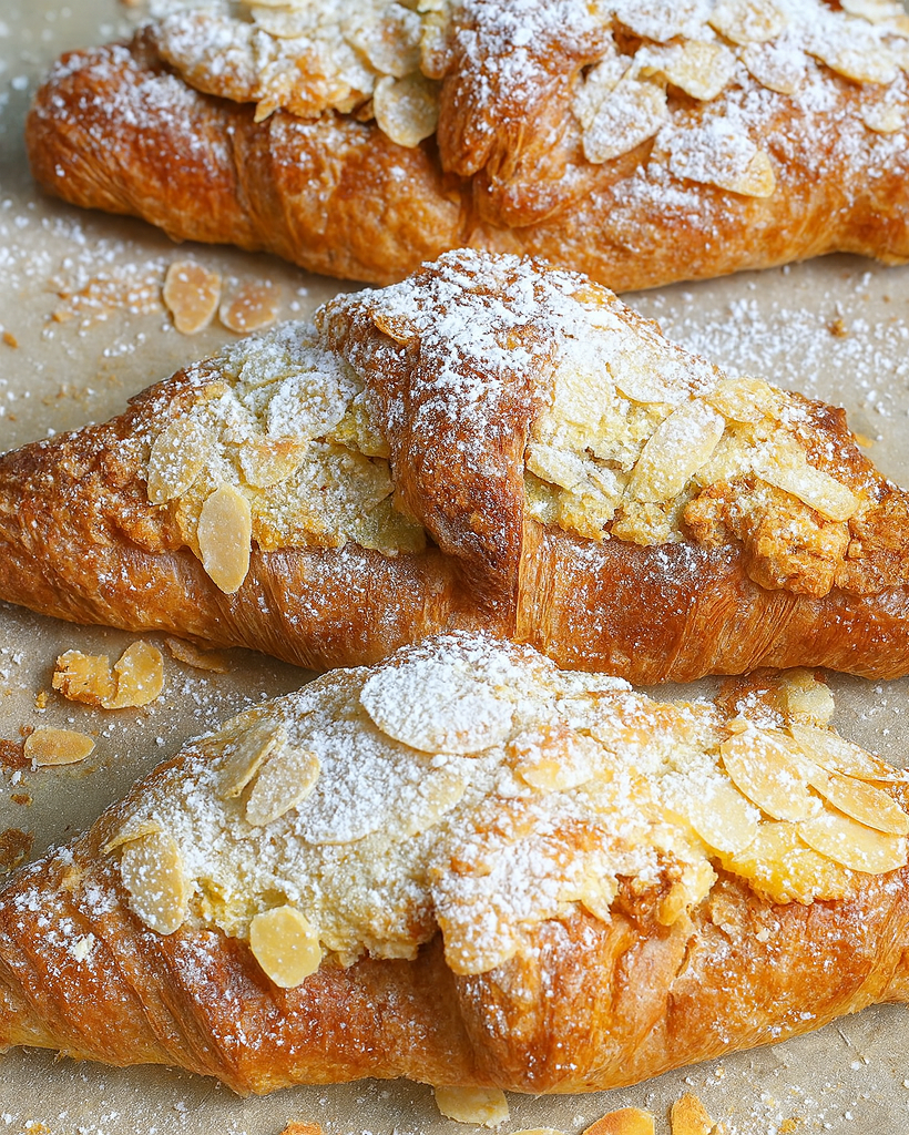 Three croissants with powdered sugar and almonds on a baking sheet.