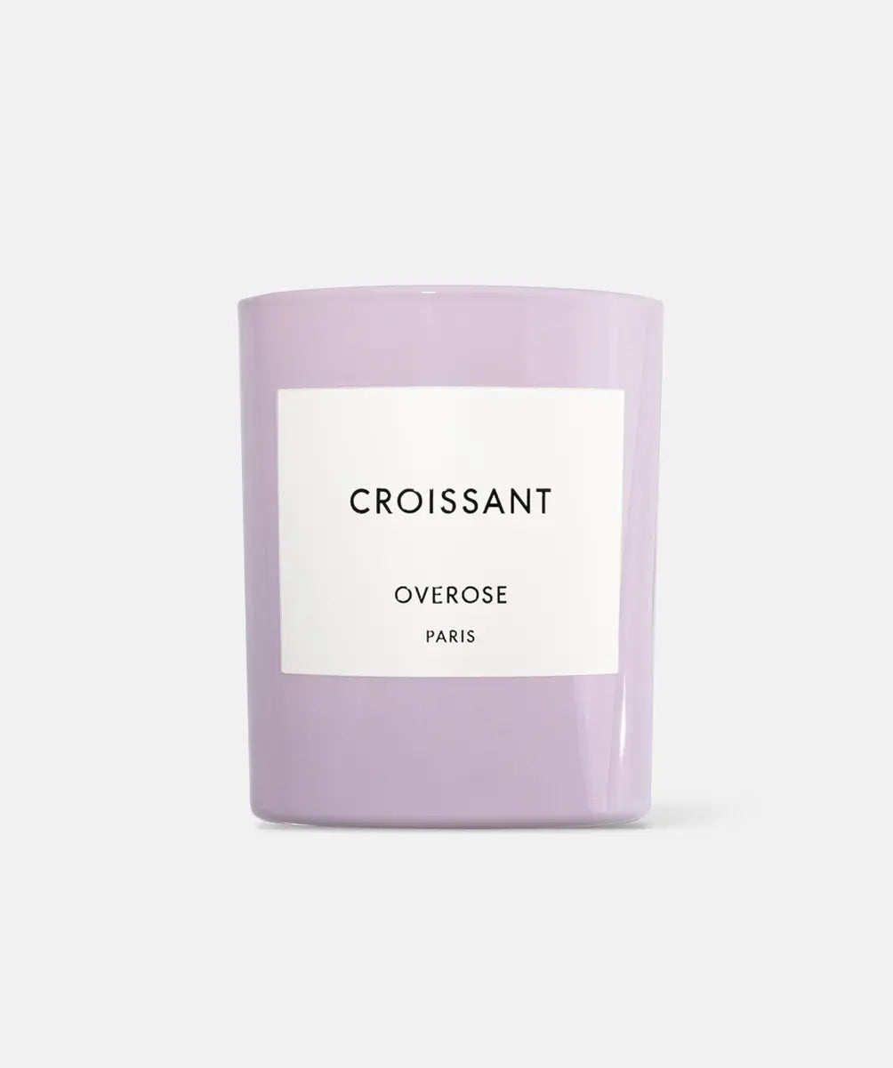 Purple candle with a white label displaying 'Croissant' and 'Overose Paris' on a white background.