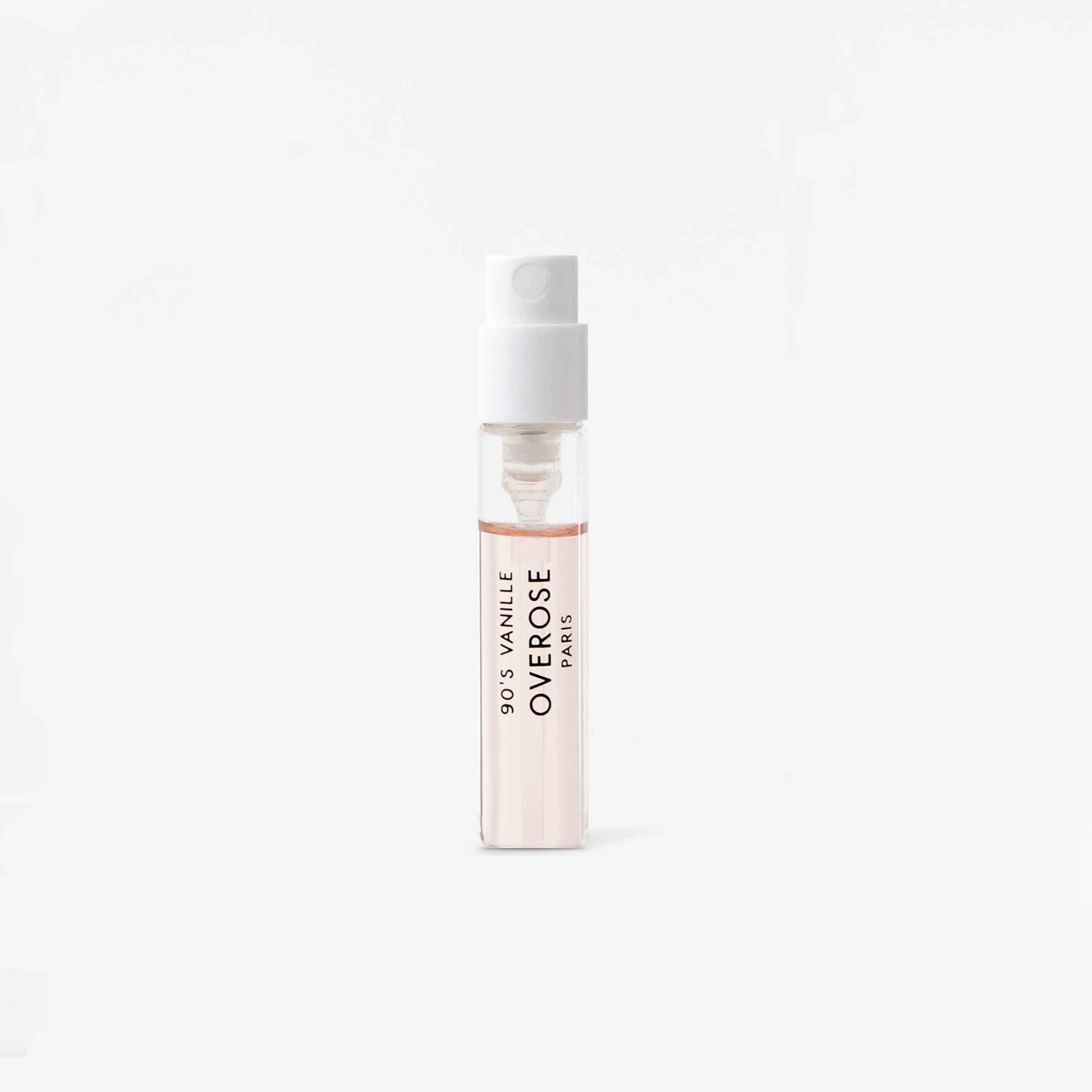 Small perfume bottle labeled '90s Vanille Overose' on a white background
